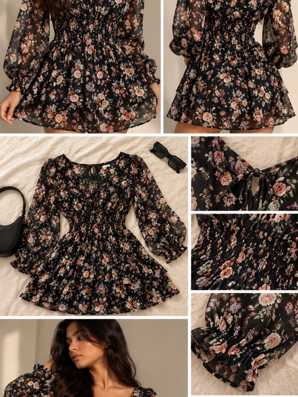 Forever 21 Black Floral Smocked Long-Sleeve Mini Dress